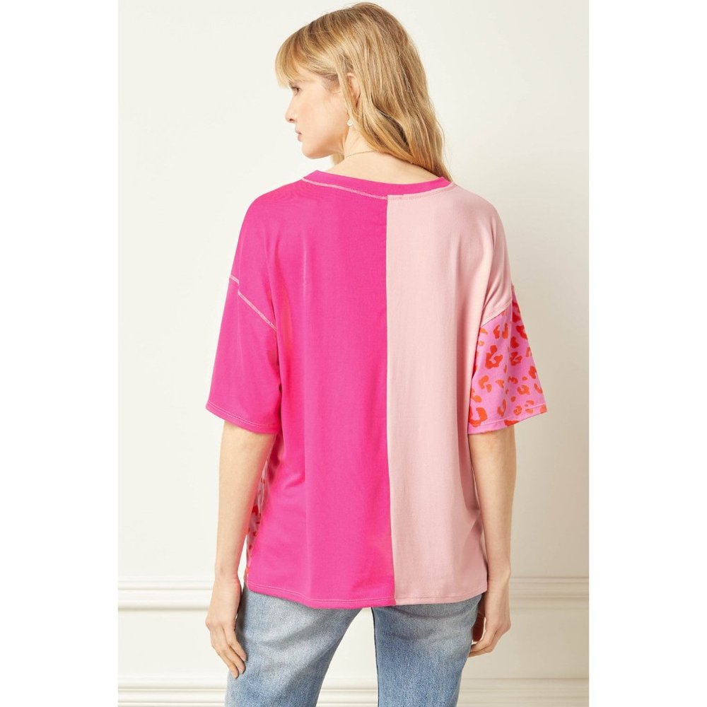 Entro Color Block Leopard Top, Pink - Picture 5 of 7